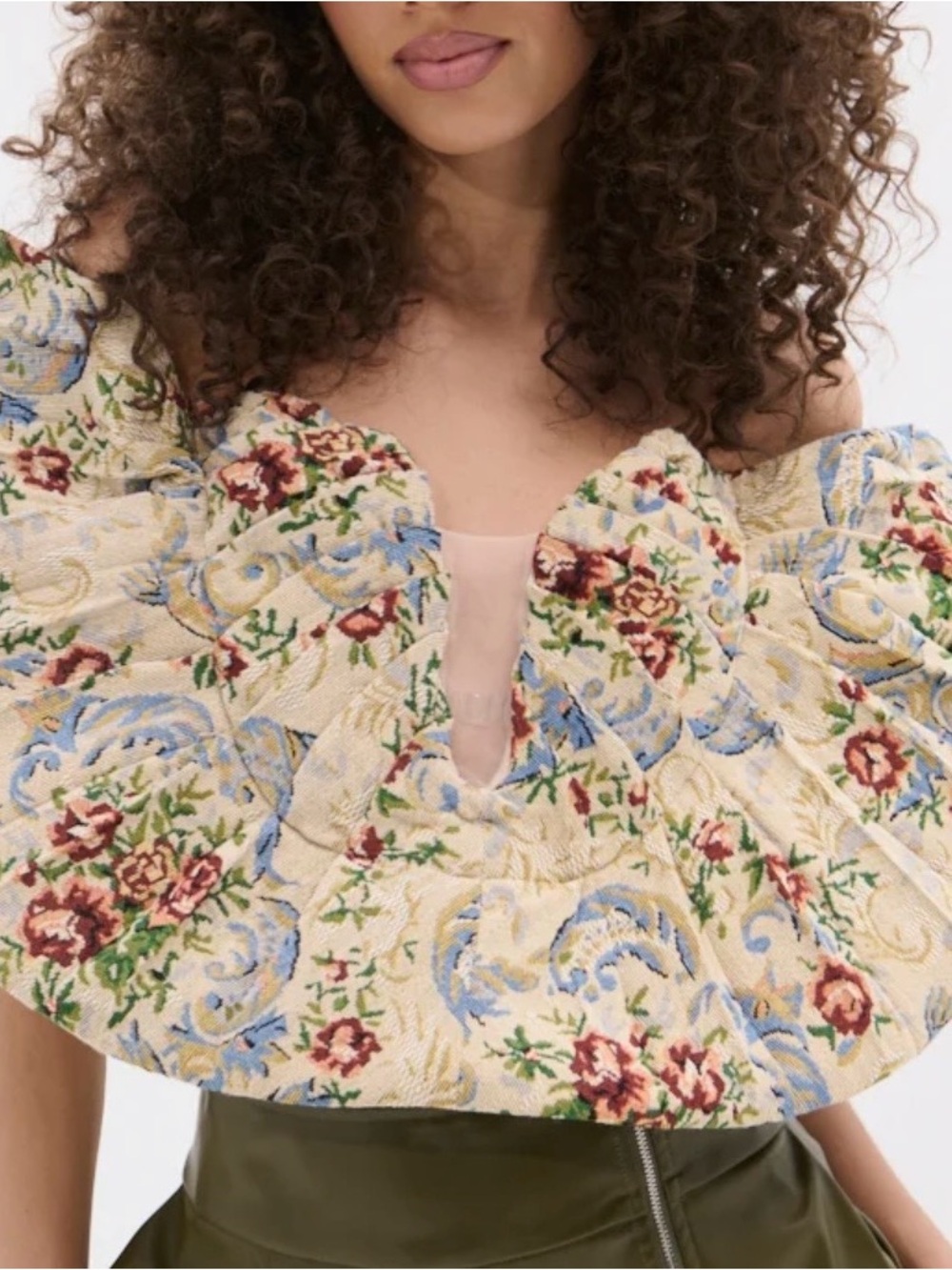 AKIRA Off-Shoulder Floral Ruffle Crop Top in Cream, Blue & Green - Picture 6 of 6